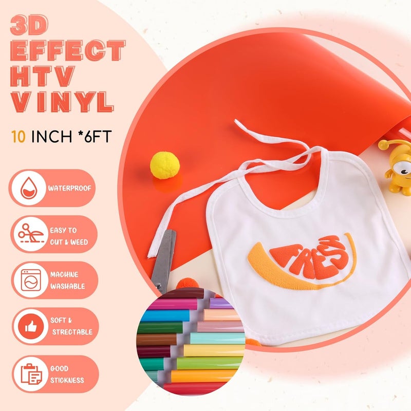 Tintnut Puff Vinyl Heat Transfer - 10inches x 6ft 3D Reddish Orange Puff HTV Roll Heat Transfer Vinyl Foaming Colorful Puffy Iron on Vinyl for T-Shirts DIY Compatible with Cricut or Silhoutte Cameo - Image 2